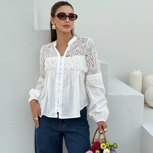 Camisa Laise Manga Longa com Renda Branca