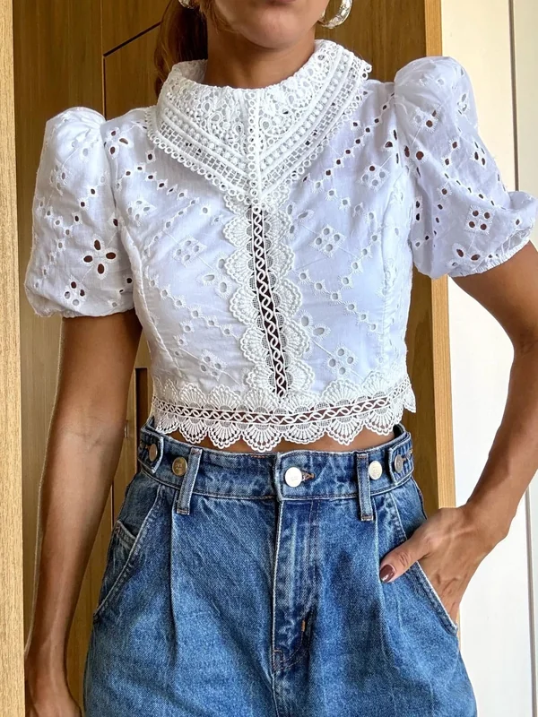 Cropped Laise Gola Alta Manga Bufante Branca