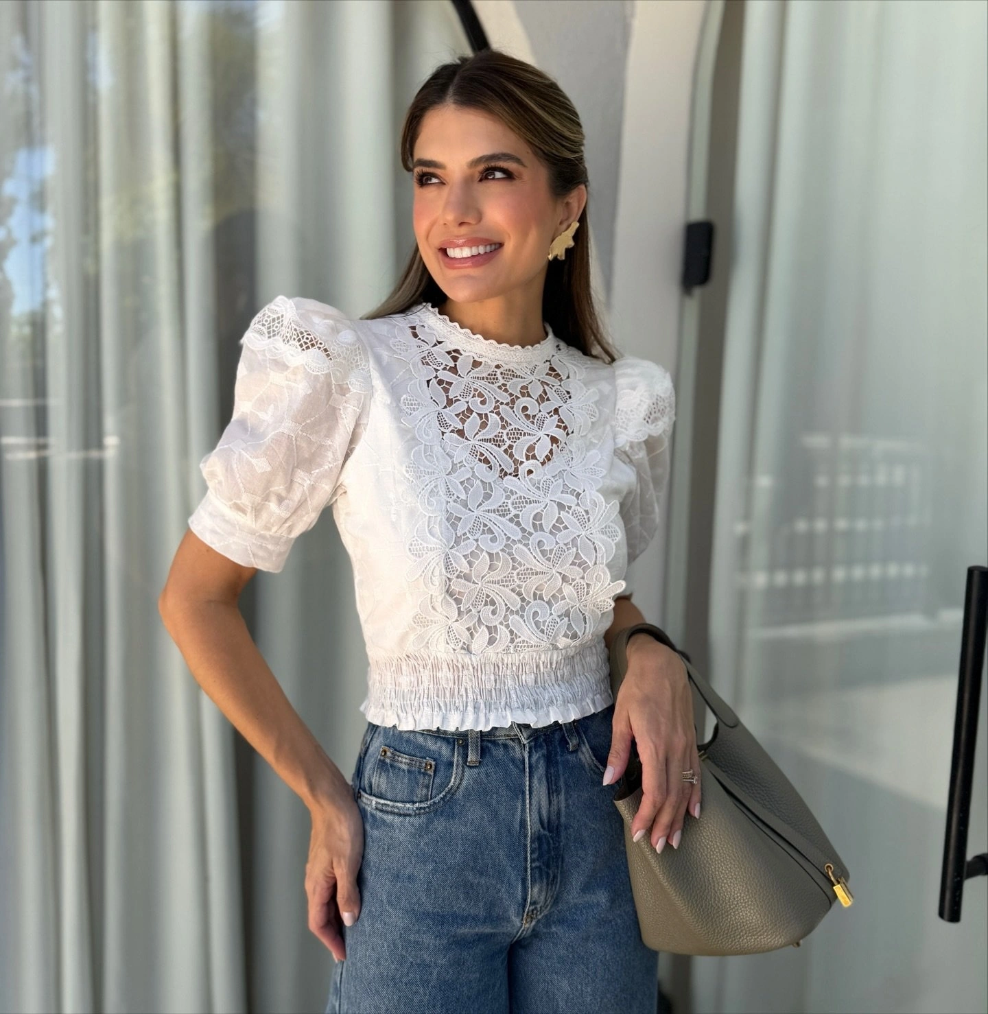 Blusa Cropped Laise Lastex Manga Bufante — vista 1
