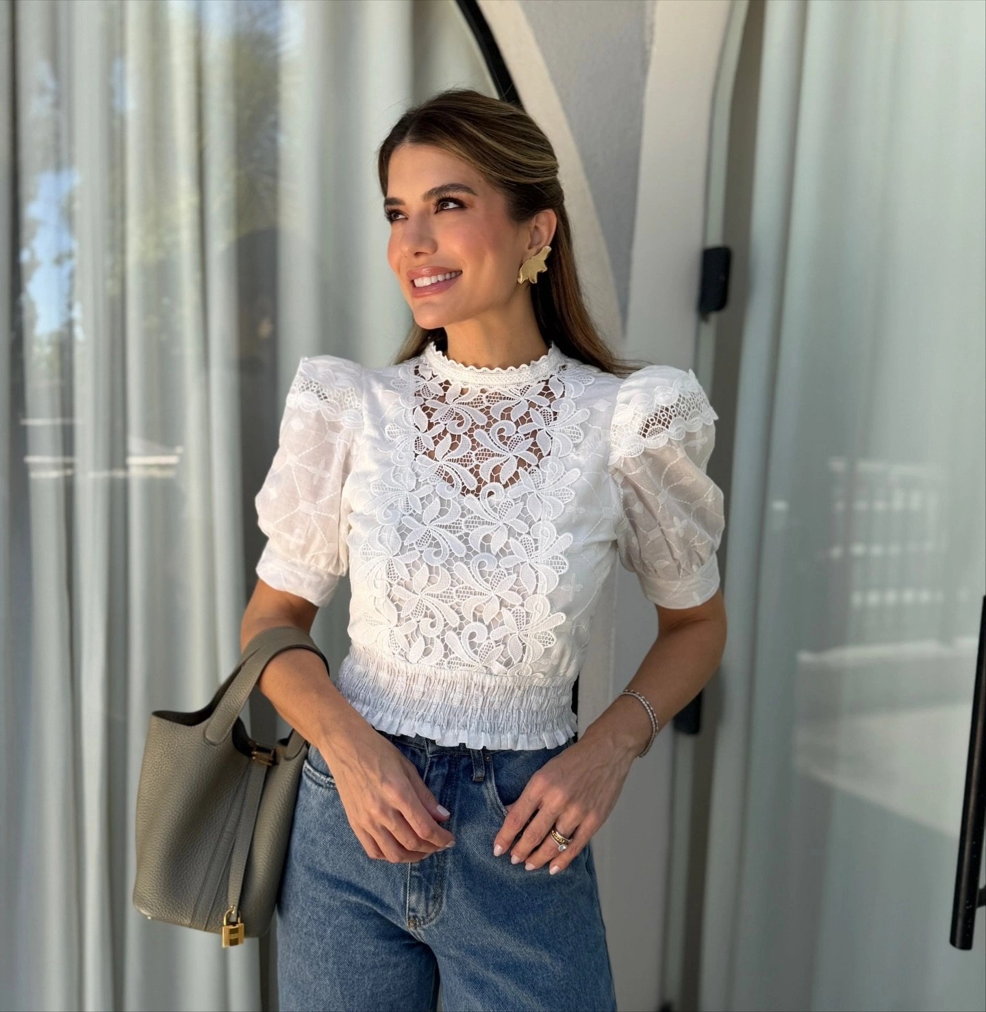 Blusa Cropped Laise Lastex Manga Bufante — vista 2