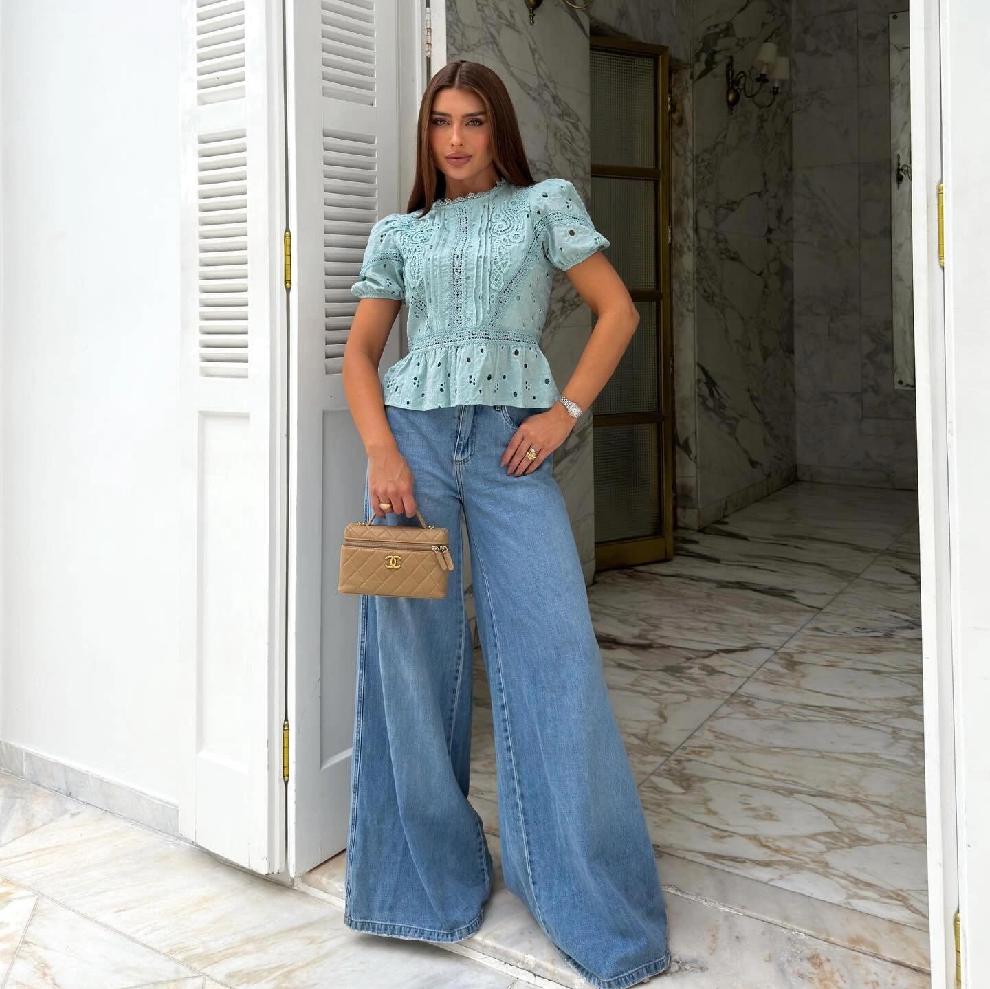 Blusa Peplum Laise Verde Agua — vista 1