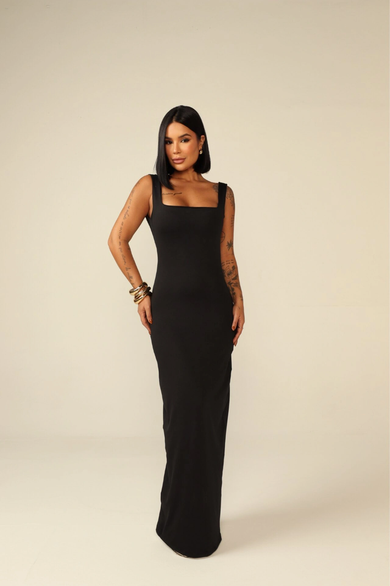 Vestido Longo com Costa Aberta Morena Preto — vista 1